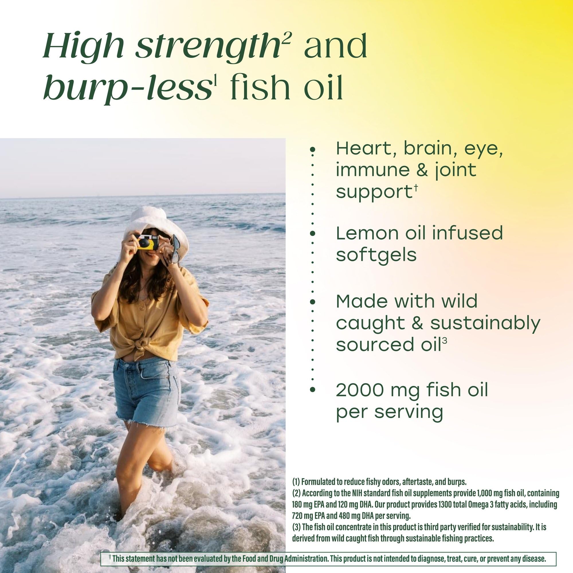 MegaFood 2000mg Fish Oil Omega 3 Supplements - Burp-Less & Lemon Oil Infused - Heart, Brain, Eye, Joint & Immune Support Supplement - 1200mg EPA & DHA Per Serving - 90 Softgels, 45 Servings - Image 3