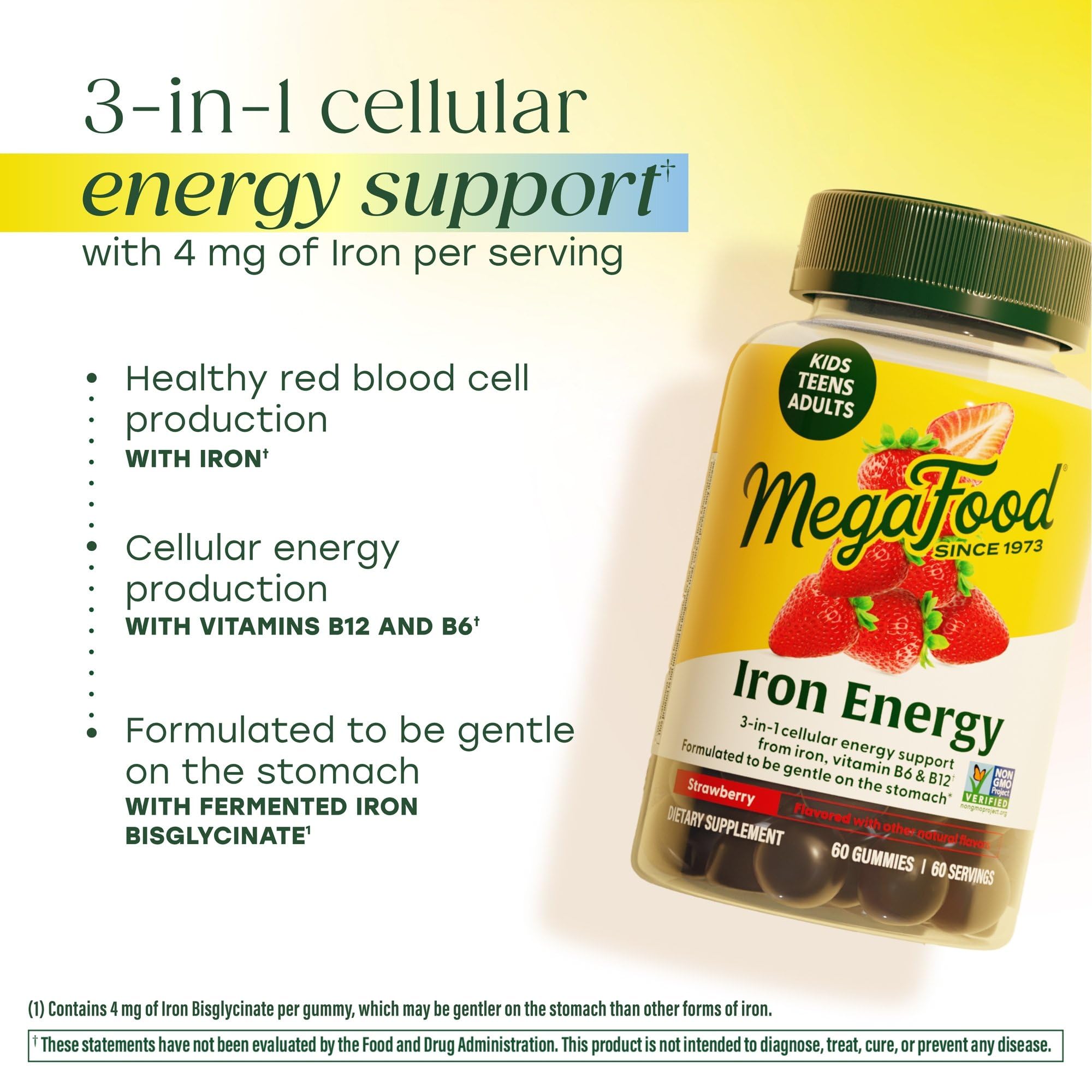 MegaFood Iron Energy Gummies, Iron Supplement for Women, Men, Teens & Kids with Vitamin B12 & B6, Vitamins, from The Makers of Blood Builder Supplement, Strawberry Flavor, 60 Count - Image 3